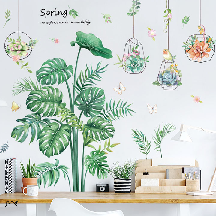Decal trang trí chất liệu PVC loại 1 dày dặn, sắc nét, trang trí phòng khách, quán cafe- Khóm cây hoa treo-LV16