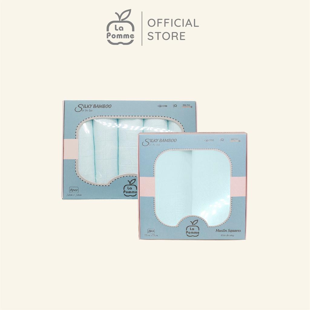 Combo 2 K001 Set 5 Khăn sữa (30x30cm) + K002 Set 2 Khăn đa năng sợi tre lụa La Pomme (75x75cm) - Xanh Pastel