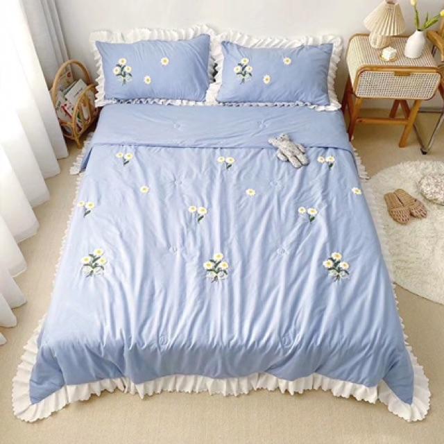Set Chăn Ga Gối Đũi Thêu Cúc Hoạ Mi Hàng Nhập Khẩu Cao Cấp 4 Món Chăn Trần Sẵn