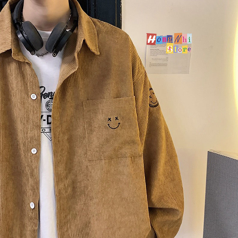 Áo Sơ Mi Nhung Tăm Thêu Hình Mặt Cười Tay Dài Dáng Rộng Nam Nữ Ulzzang Unisex - MM