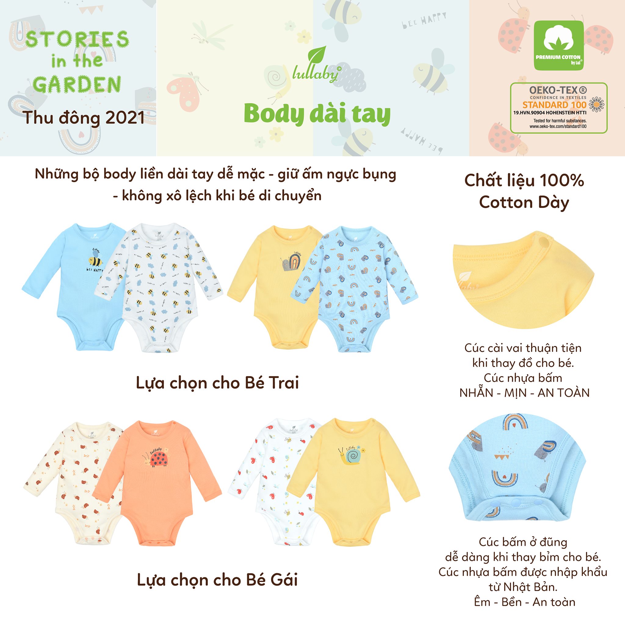 [LULLABY 2021] Set 2 bộ BODYCHIP dài tay thu đông bé trai và bé gái BST THU ĐÔNG 2021 INTERLOCK 100% COTTON