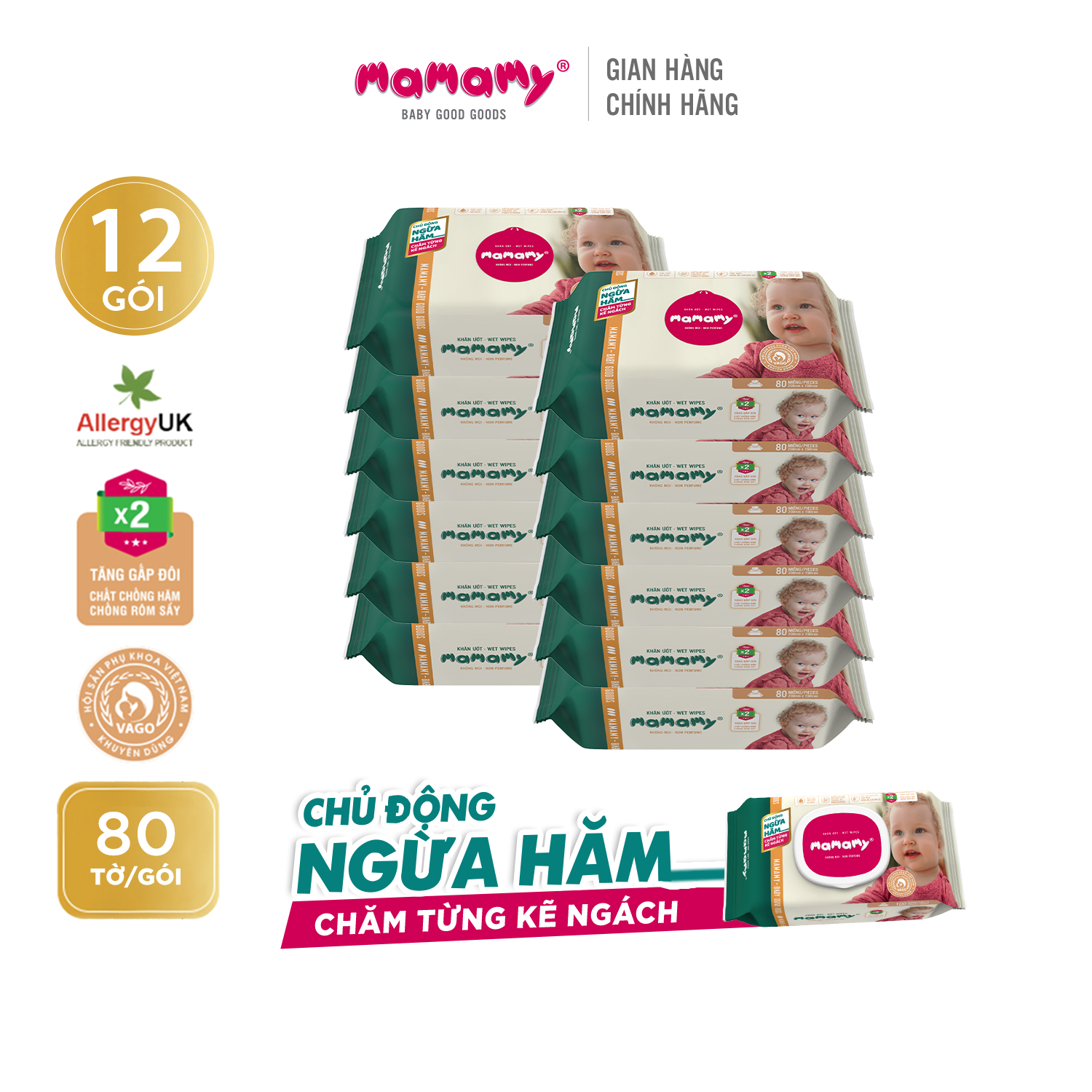 Combo 12 gói khăn ướt Mamamy 80 tờ/gói an toàn cho bé