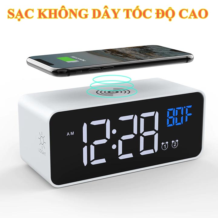 Đồng Hồ Báo Thức Điện Tử Kiêm Sạc Không Dây Cao Cấp, Sạc Nhanh Điện Thoại Tốc Độ Cao