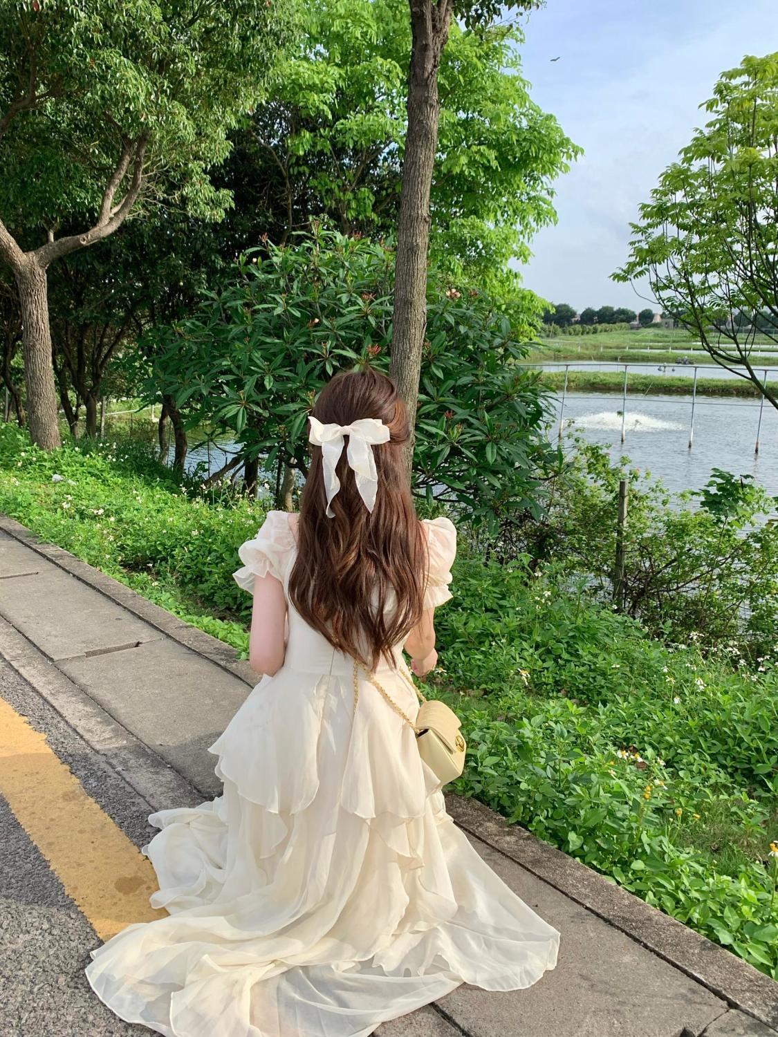 SHUANGYAN Phong cách Pháp cổ vuông nhẹ nhàng Fairy Wind Dress cho phụ nữ mùa hè 2023 Thắt lưng cho phụ nữ