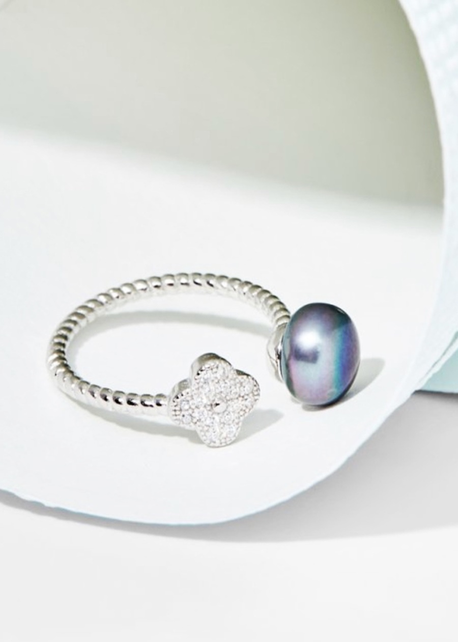 Nhẫn kẹp bạc ý Ngọc trai đen 8mm