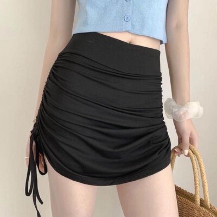 Chân váy rút dây nhún nhiều màu chất thun co giãn - Chân váy ngắn nhún ulzzang nữ tính, mầu đen, trắng, be, nâu tây, coc