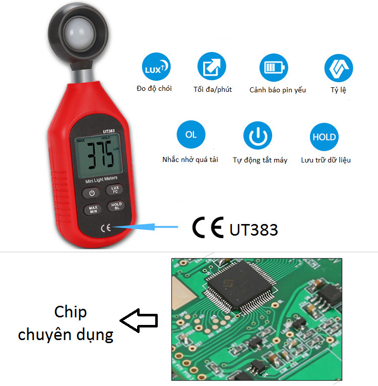 Thiết bị kiểm tra cường độ ánh sáng cảm biến đa năng cao cấp UT383 (Tặng móc khóa tô vít 3 chức năng trong 1)