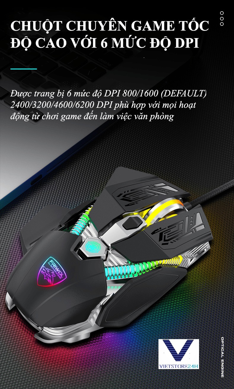 Chuột cơ chuyên game Friwol V5Pro có 2 chế độ chuột với tốc độ chuột lên đến 6200DPI kèm theo đèn led RGB cực đẹp dành cho game thủ