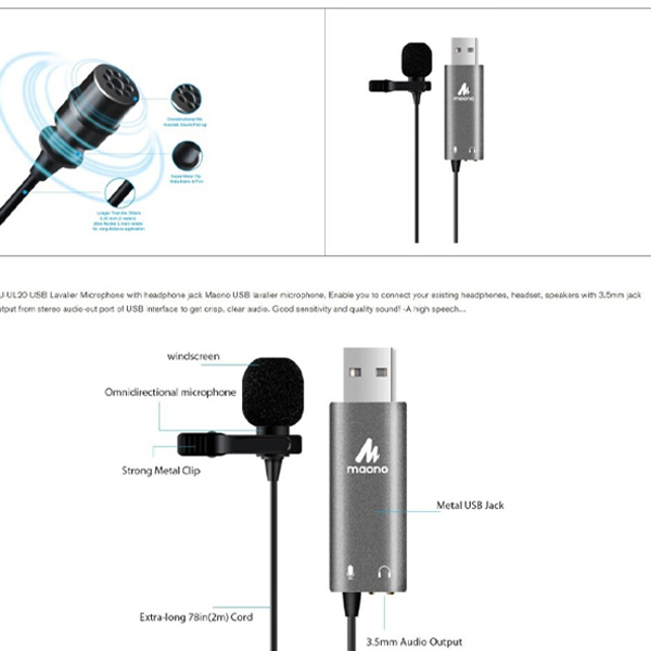 Maono AU-UL20 - Micro cài áo Lavalier cổng USB có Jack cắm tai nghe dùng cho máy tính - Hàng chính hãng