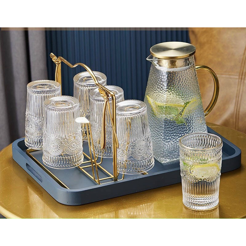 Bộ bình đựng nước kèm 6 cốc thủy tinh crystan hoa văn dập nổi tròn - ANTH473