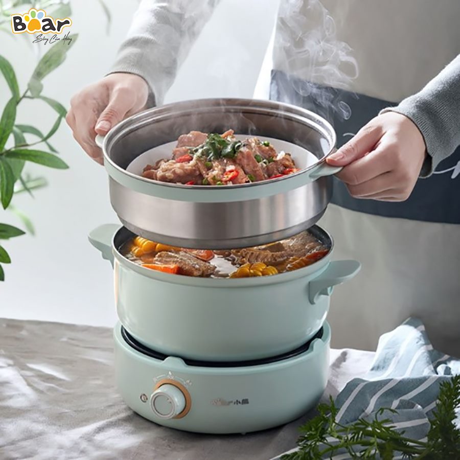 Nồi Điện Đa Năng Bear MC-B25V1 (2.5L) (Kèm Lồng Hấp) - Blue - Hàng Chính Hãng