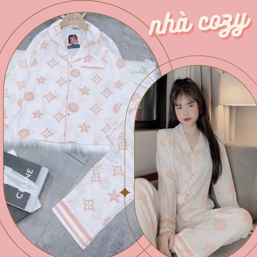 HÀNG CÓ SẴN Đồ bộ nữ PIJAMA ️ Bộ lụa tay dài quần dài ️ họa tiết sang 2 màu trắng hồng và trắng đen