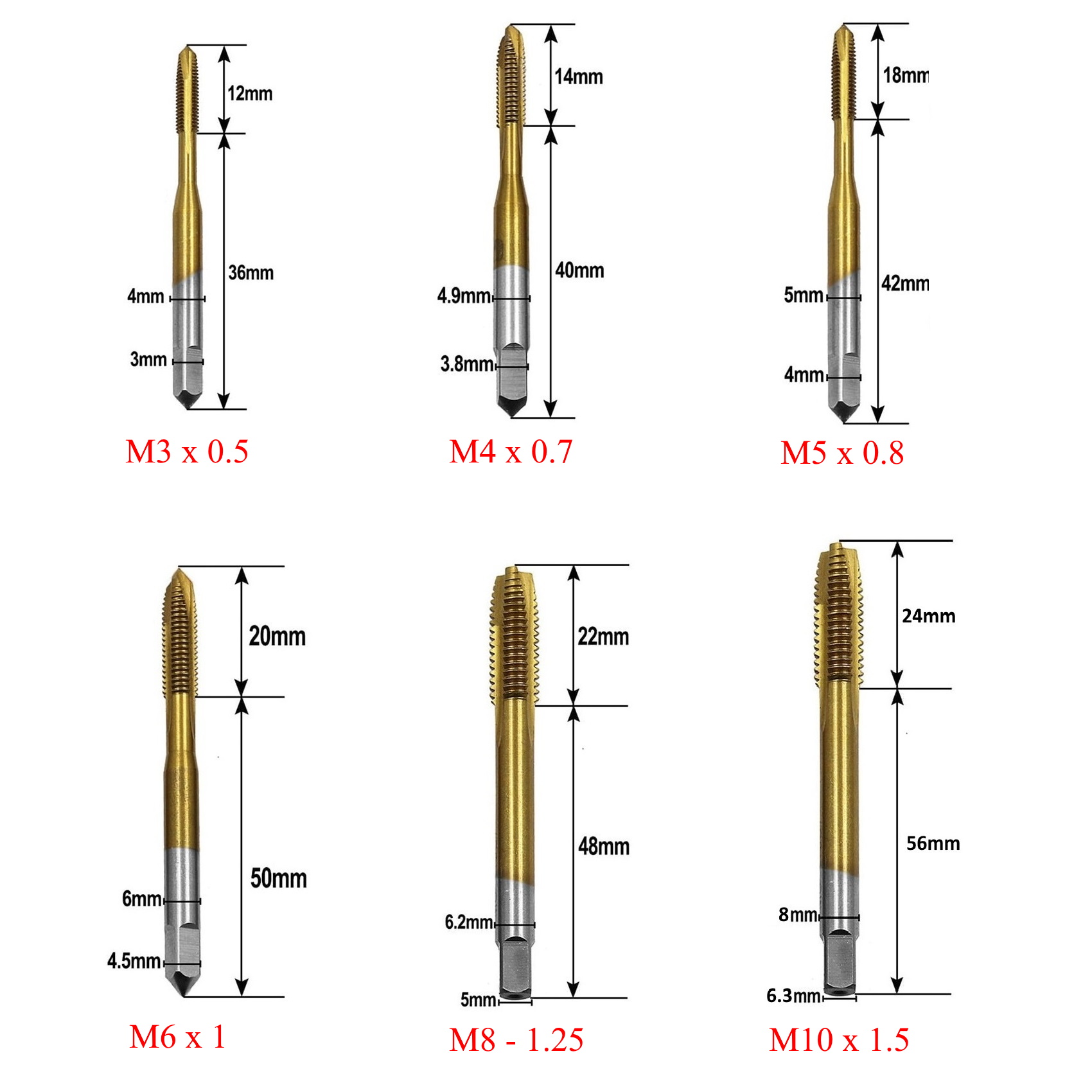Bộ 6 Mũi Khoan Taro Thẳng Tạo Ren Trong HSS M3 – M10 Phủ Titanium Loại Cao Cấp