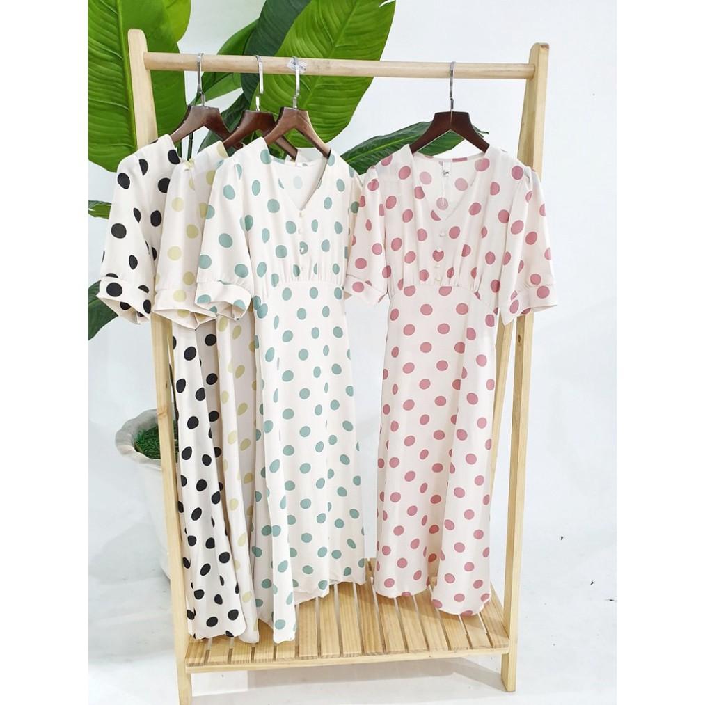 Maxi tay ngắn chấm bi cổ tim đính 4 nút trai (hình shop tự chụp) /hình shop tự chụp