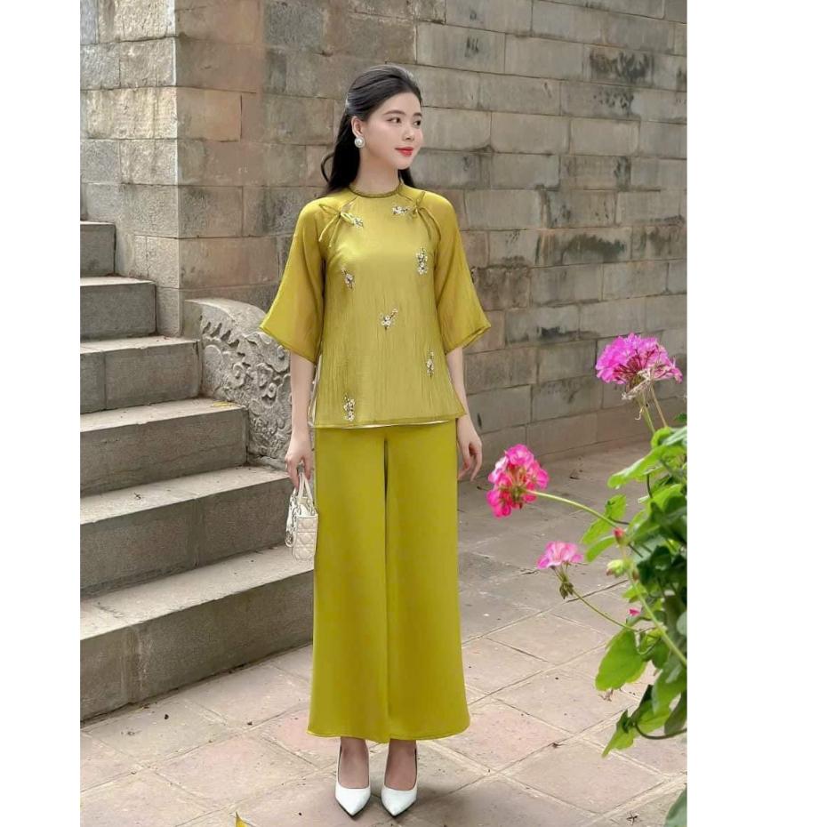 Set bộ nữ đi chùa cao cấp chất vải tơ mịn thêu hoa nổi tinh tế, màu xanh cốm phối quần lụa cùng màu