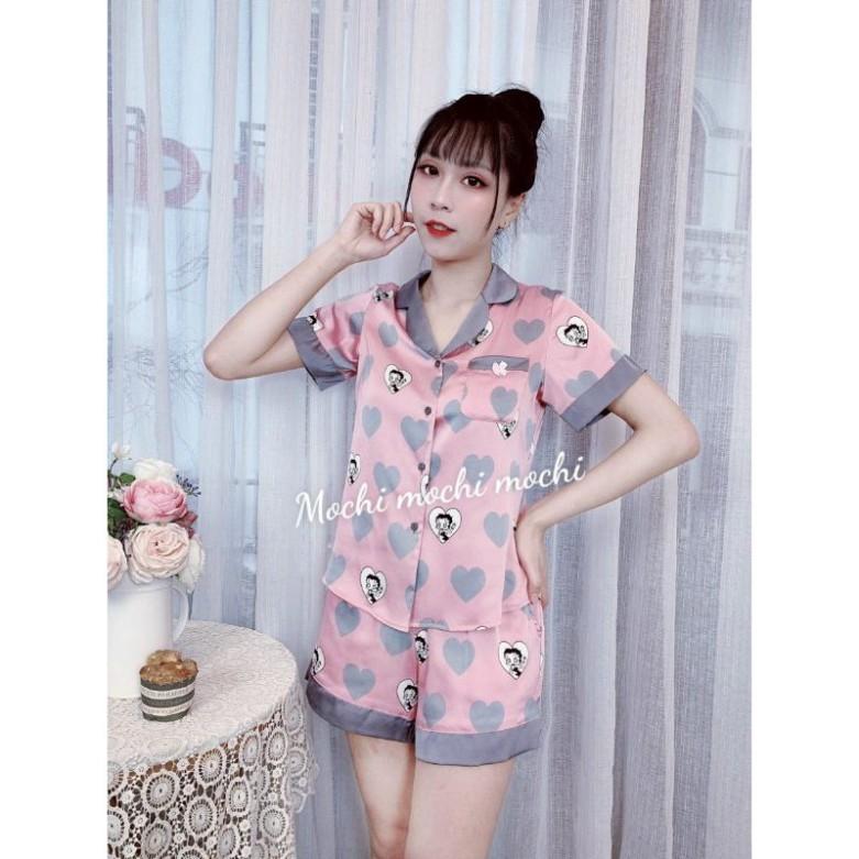 Freeship Bộ mặc nhà nữ tim hồng, bộ pijama lụa satin cao cấp, hàng thiết kế quần lửng, quần đùi có size nhiều màu