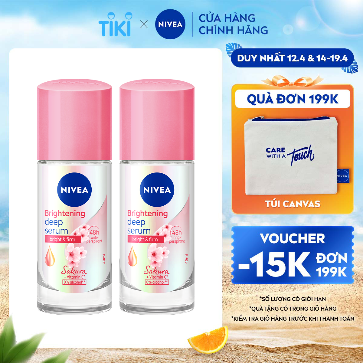 Bộ 2 Lăn Ngăn Mùi NIVEA Brightening Deep Serum Hương Hoa Sakura Dưỡng Trắng Da | Mịn Da (40 ml) - 85306