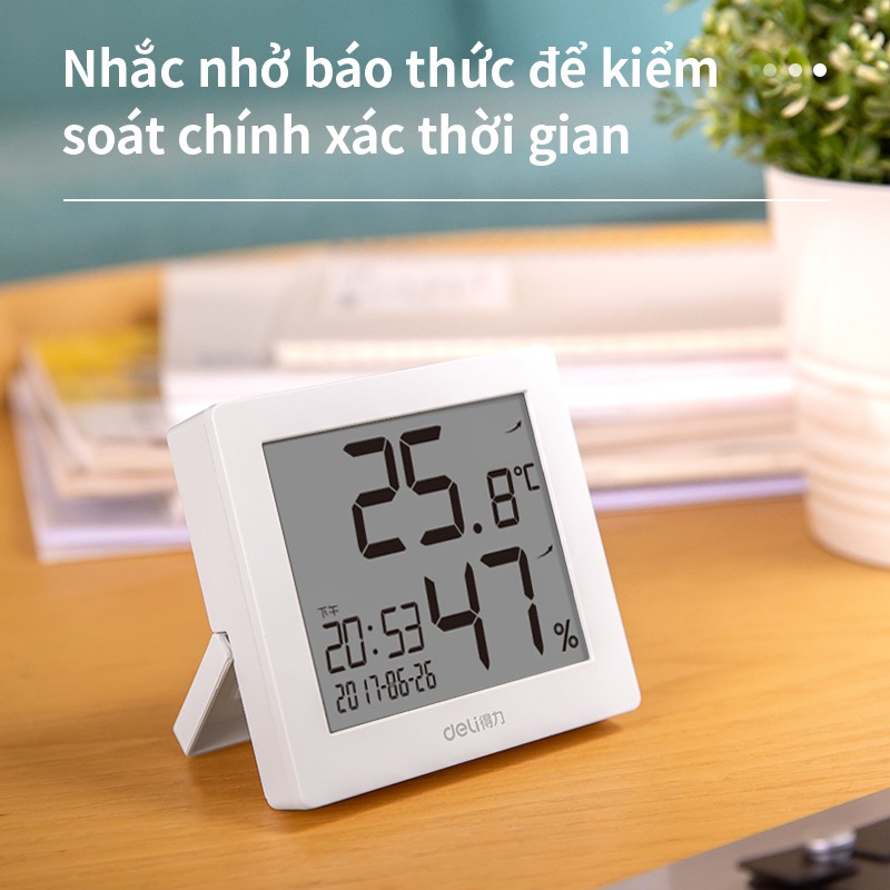 Nhiệt ẩm kế điện tử Deli - Đo nhiệt độ, độ ẩm trong nhà, phòng ngủ cho bé - Tích hợp đồng hồ xem giờ, ngày tháng - 8813