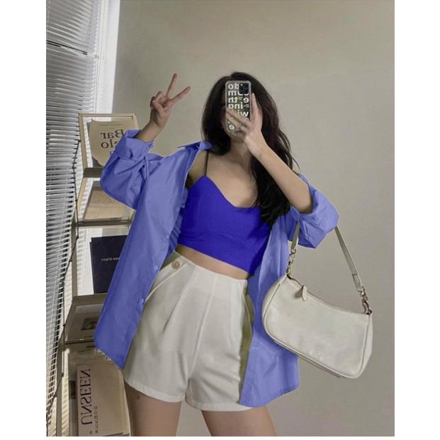 Set áo croptop bra 2 dây phối áo khoác sơ mi kèm quần shorts trắng