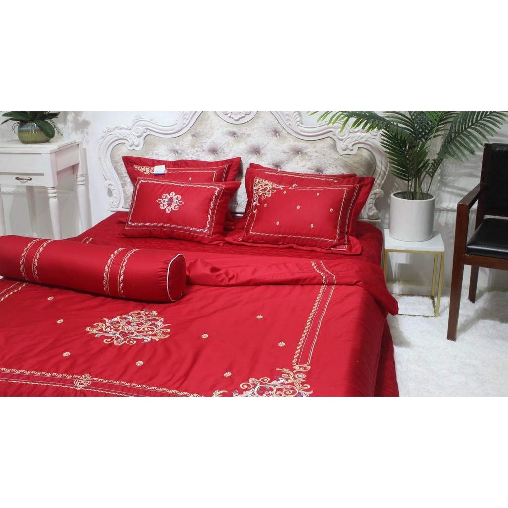 Set Chăn Ga Cotton Lụa Thêu 7 Món cao Cấp Cho Mùa Cưới