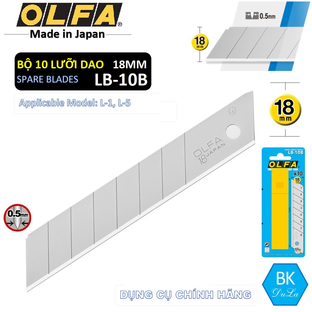 Hộp 10 Lưỡi dao cắt 18mm Nhật Olfa LB-10B hộp 10 lưỡi- Màu bạc