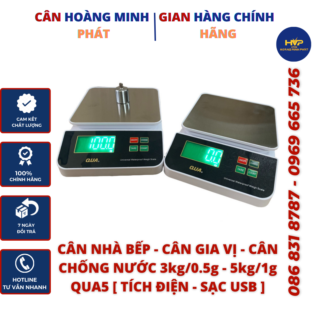 Cân Nhà Bếp Chống Nước 3kg/0.5g - 5kg/1g QUA (cân điện tử nhà bếp chống nước mini) Sạc USB. Bảo Hành 12 Tháng [ CÂN HOÀNG MINH PHÁT