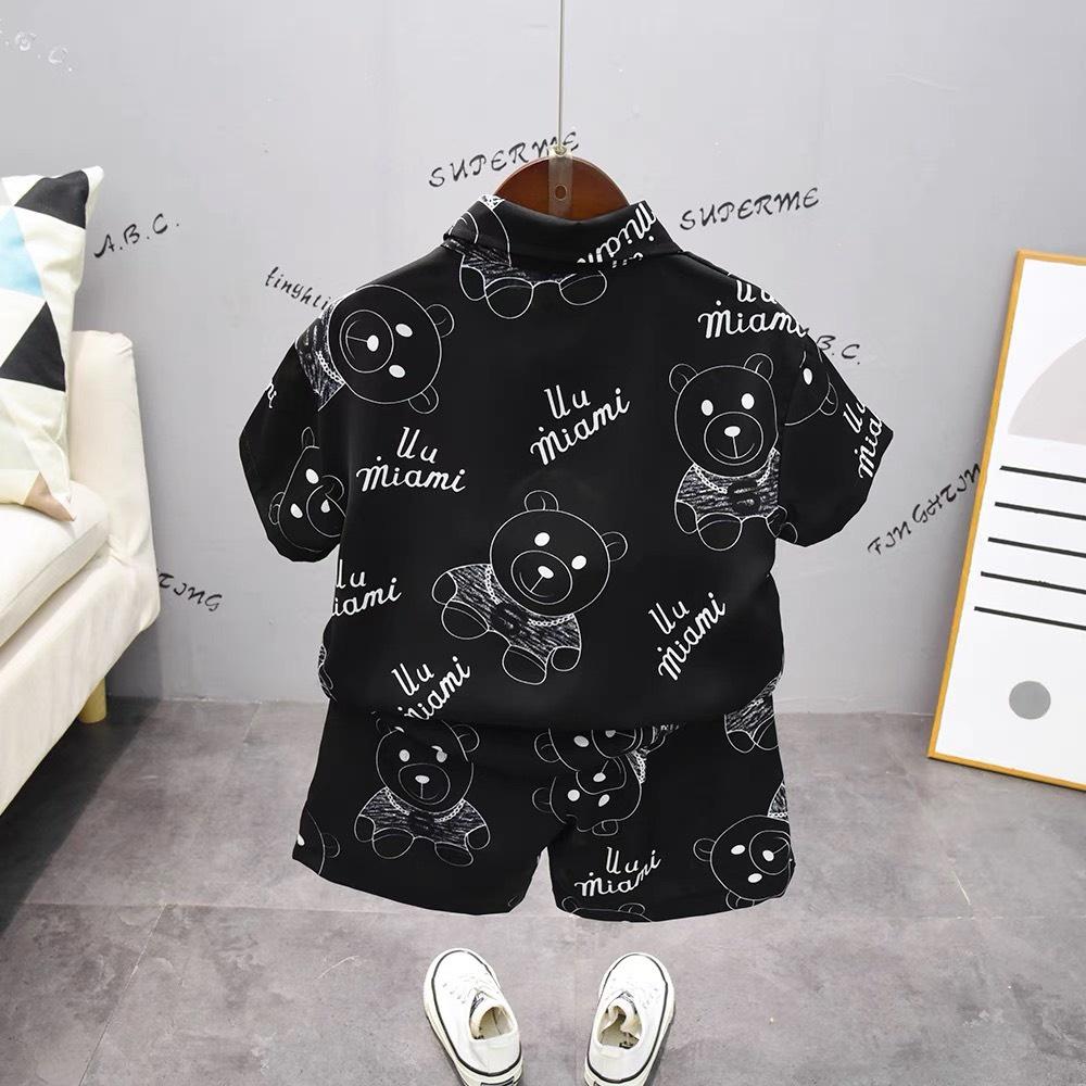 Set Áo Sơ Mi Gấu Ngắn Tay Cổ Bẻ + Quần Short Lưng Thun Thời Trang Hàn Quốc Cho Bé Trai 7-28kg - SUMO KIDS