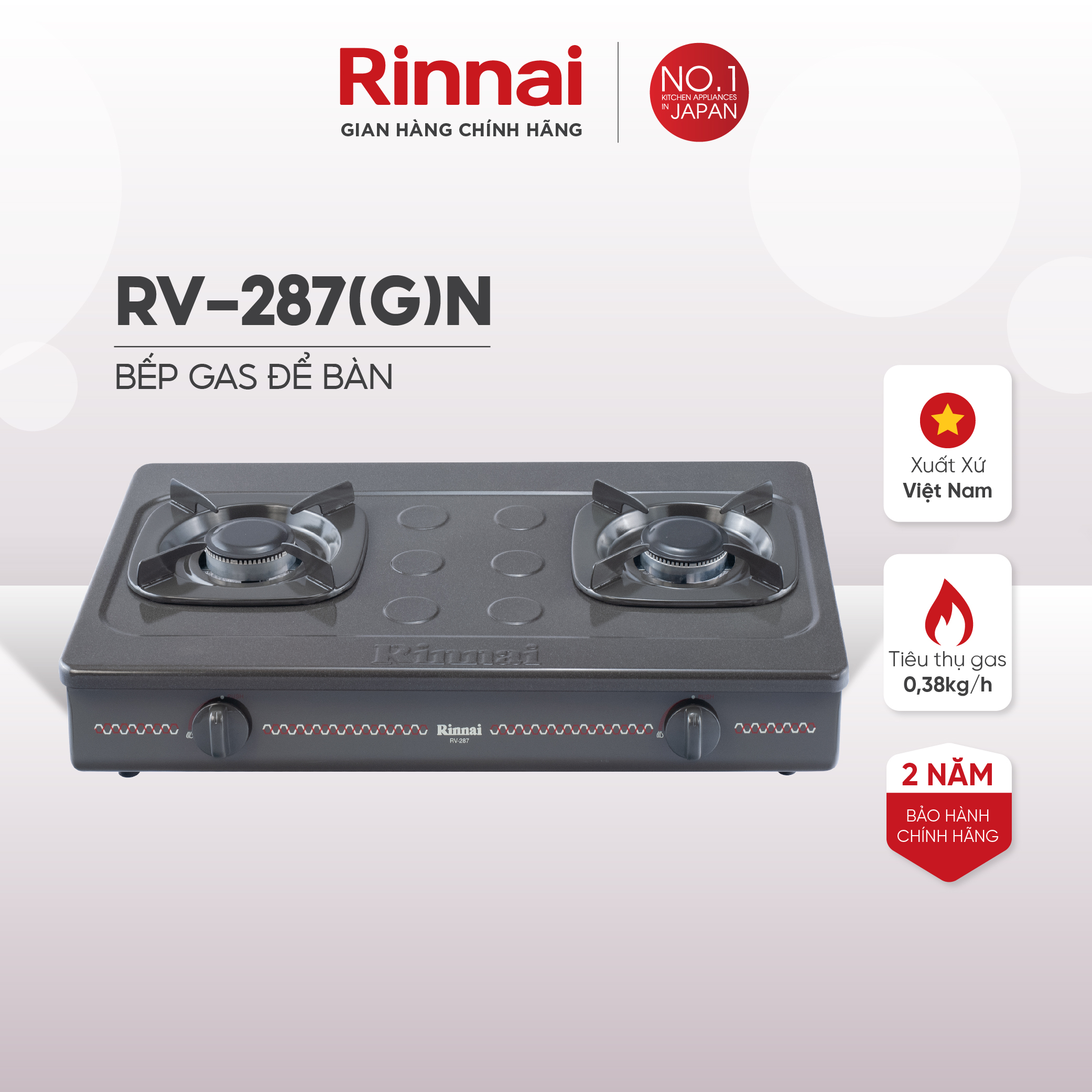 Bếp gas dương Rinnai RV-287(G)N mặt bếp men và kiềng bếp men - Hàng chính hãng.