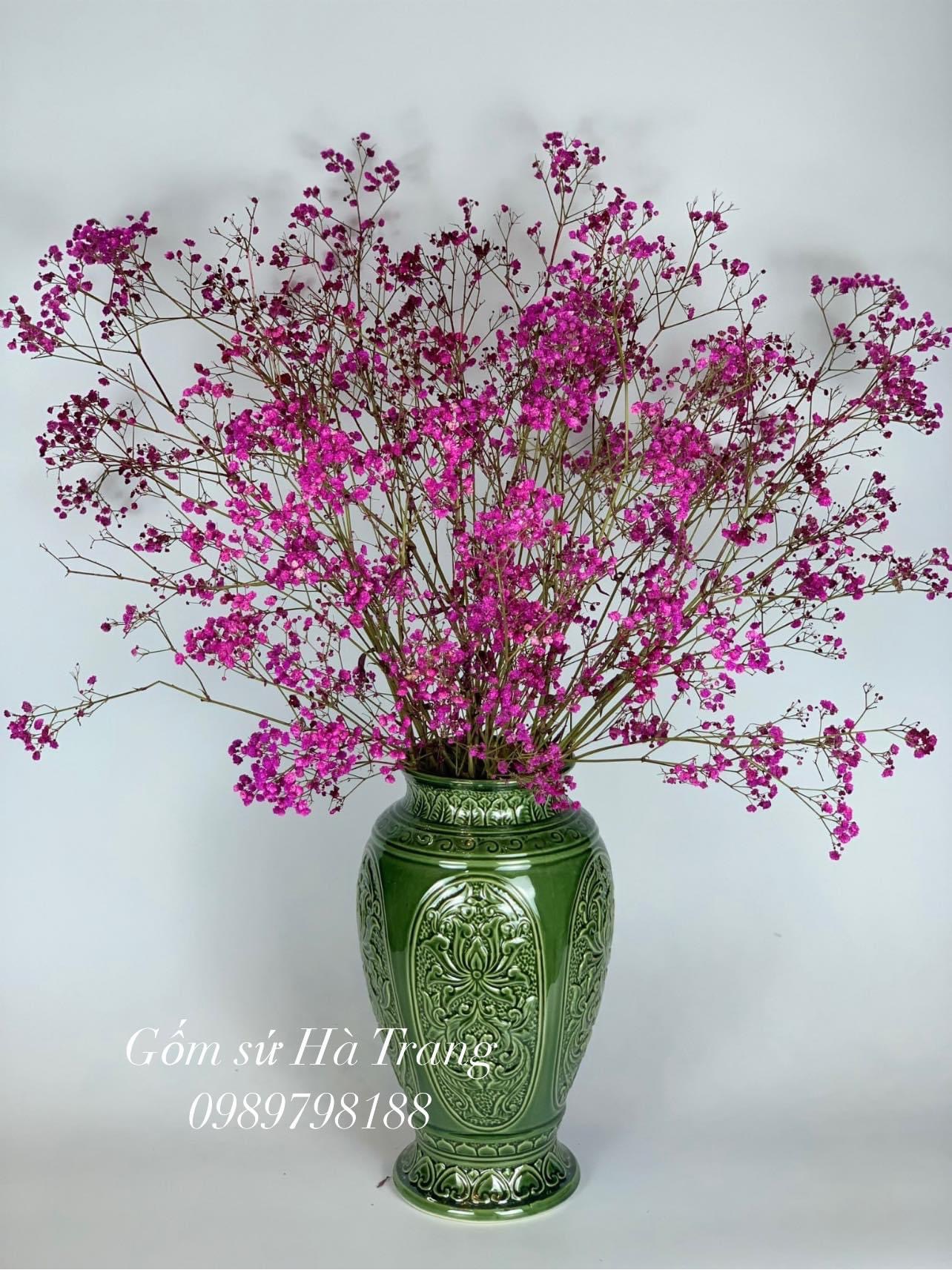 Lọ hoa gốm sứ Bát Tràng cao cấp men lục bảo hoạ tiết nổi cao 33cm
