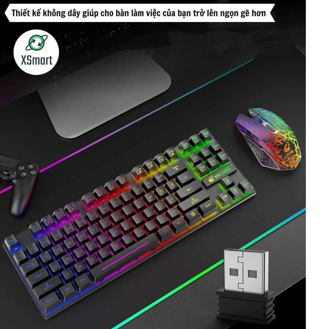 Bộ Bàn Phím Và Chuột Không Dây Gaming Có Đèn Led Pin Sạc XSmart T87 Tặng Kèm Lót Game, Combo Cho Máy Tính - Hàng Chính Hãng