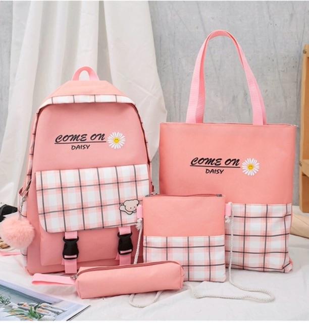 Combo 4 in 1 set balo đi học kèm túi xách ví và hộp bút thời trang kiểu mới chữ COME ON DAISY hoạ tiết hoa cúc