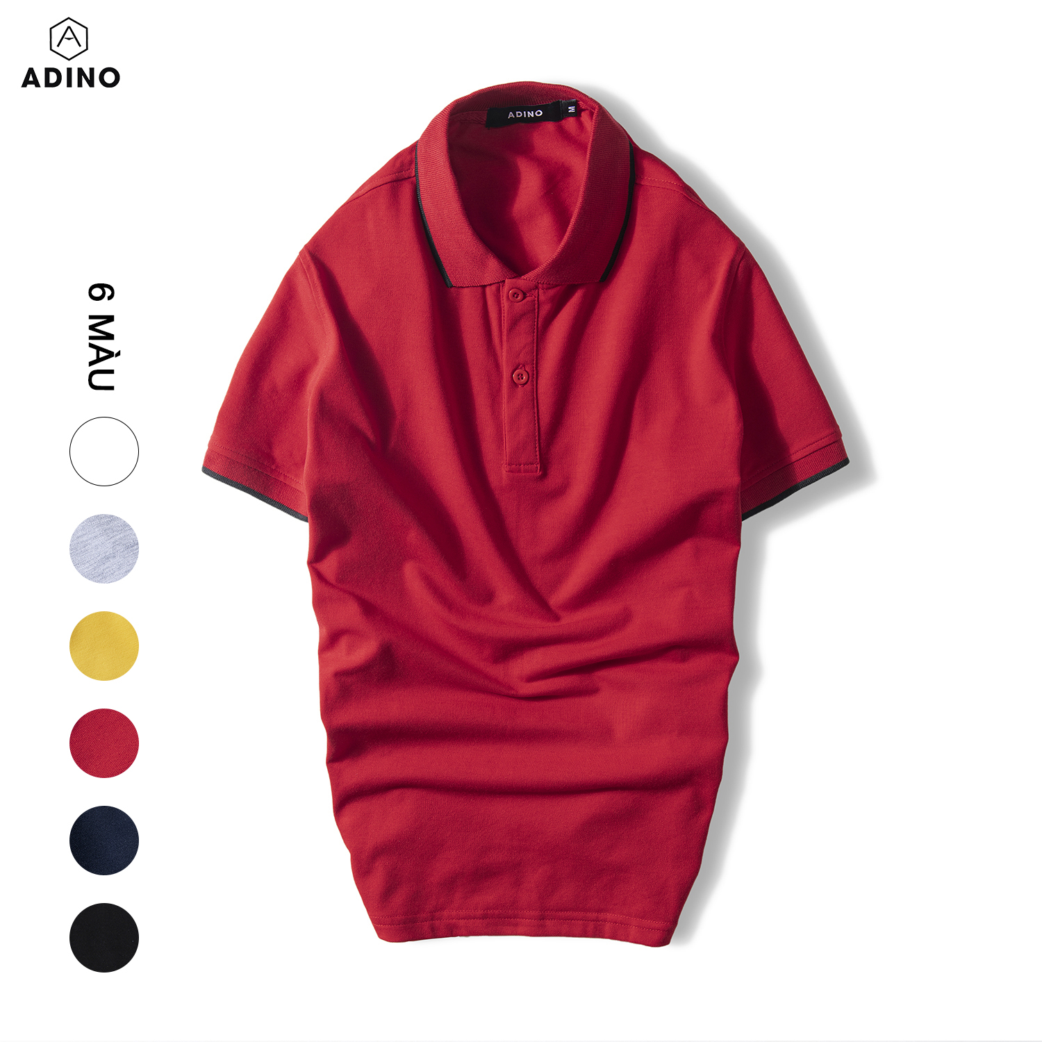 Áo polo nam ADINO màu đỏ phối viền vải cotton co giãn dáng slimfit trẻ trung AP73