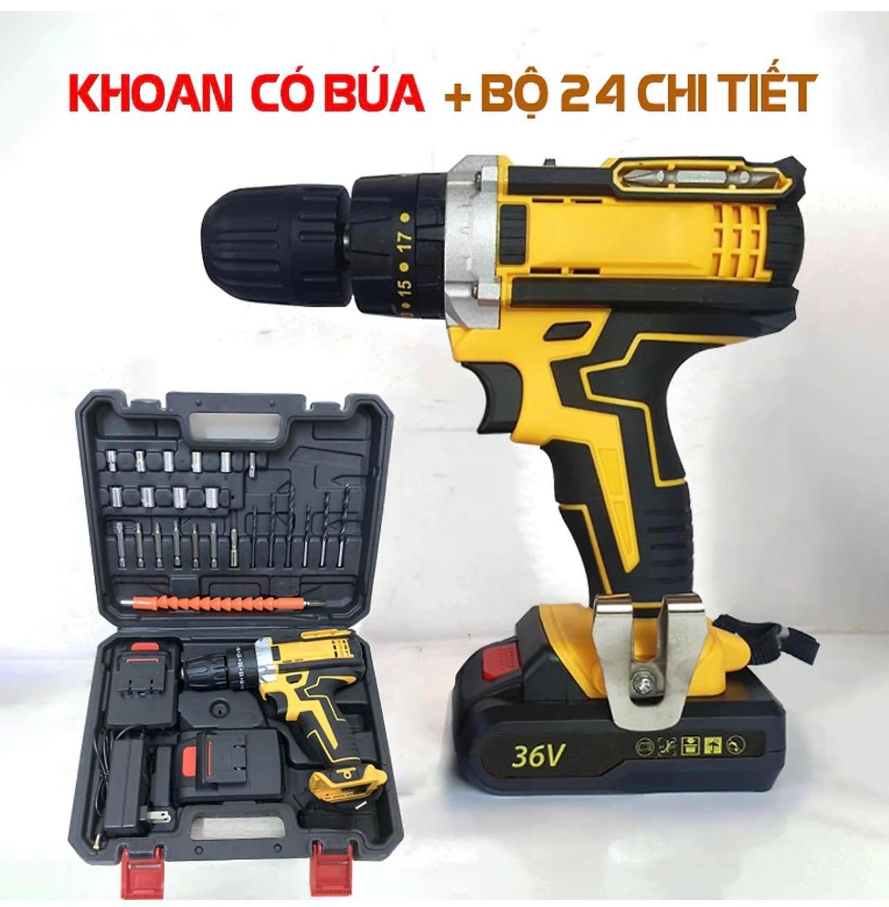 Bộ máy khoan pin 36V khoan tường, khoan sắt, khoan bê tông máy 2 pin, đảo chiều Tặng bộ 24 phụ kiện