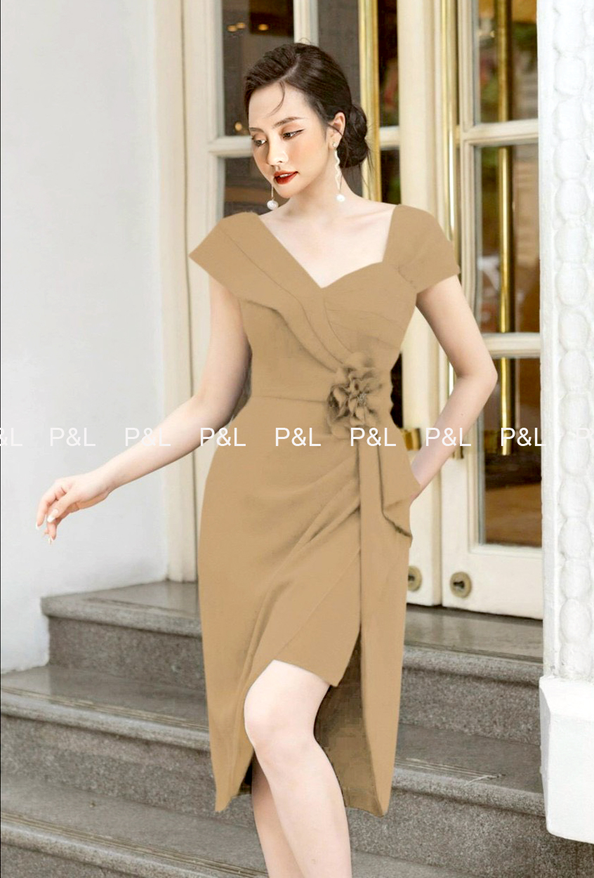 Đầm Cổ Tròn Xếp Ly Bụng Nơ Eo