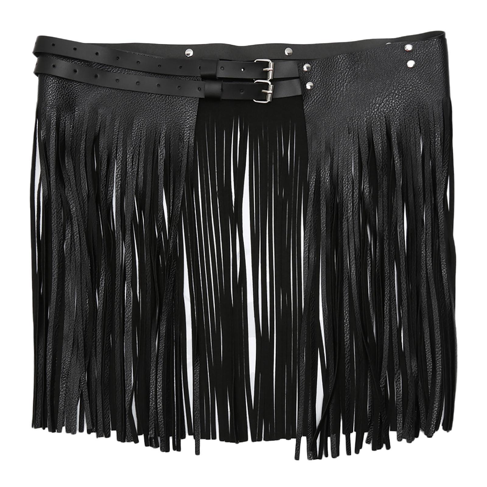 Women Punk Gothic Faux Leather Fringe Tassel Skirt Belt Clubwear Dance Dress