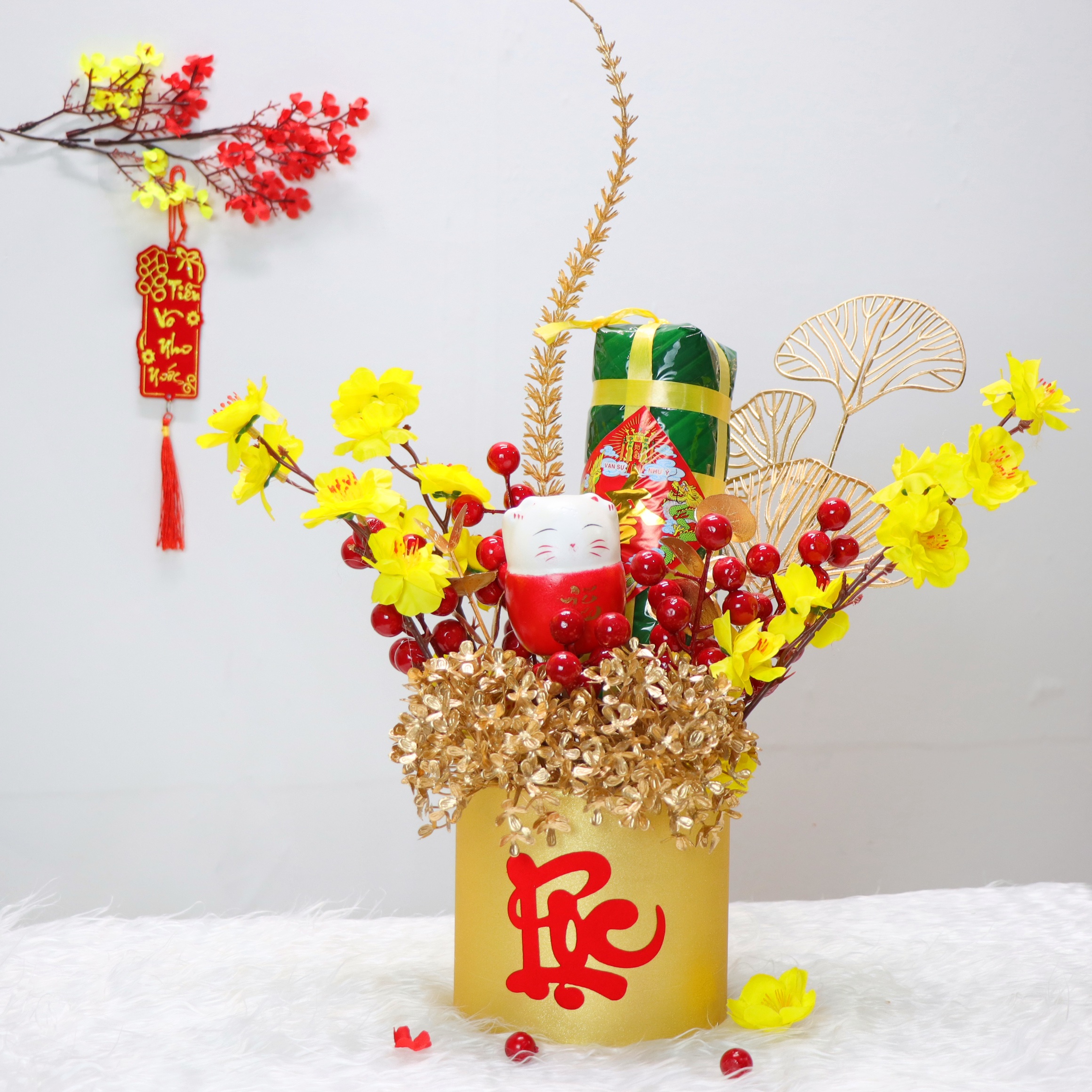 Chậu Đào Đông Trang Trí TẾT A12 May Mắn Tài Lộc – Handmade