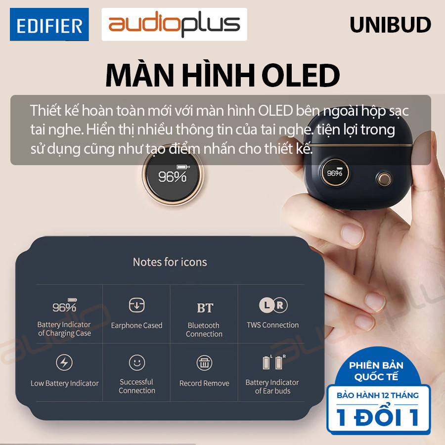 EDIFIER UNIBUD Tai nghe bluetooth có màn hình OLED - Thiết kế cổ điển - Chất âm ấn tượng - Hỗ trợ AAC, AptX - Bản quốc tế - Hàng chính hãng