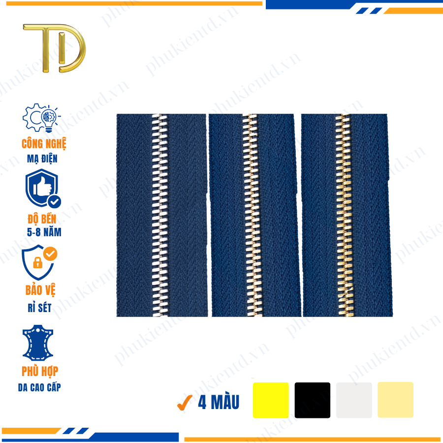 Dây khóa kéo túi xách, dây khóa kéo kim loại, dây khóa kéo răng 3 xanh, Mạ điện độ bền 5-8 năm