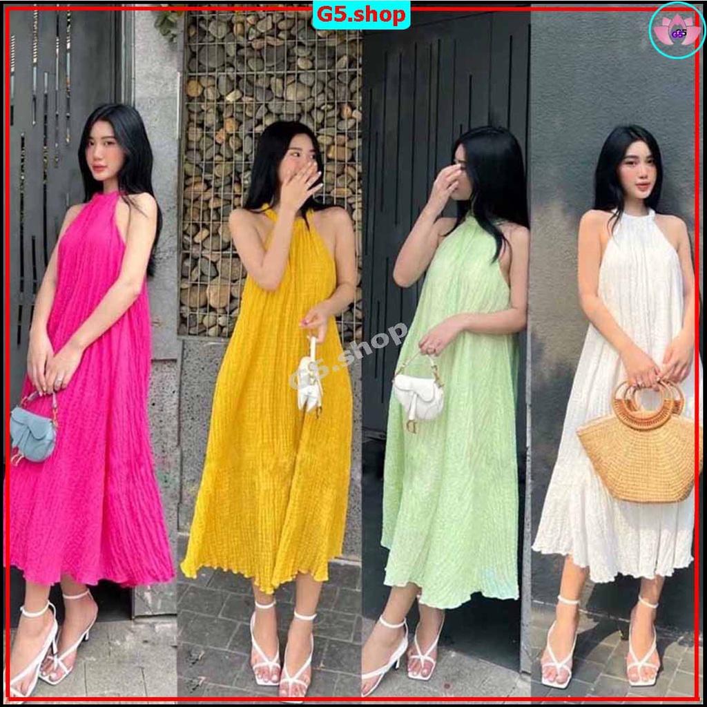 Váy kiểu nữ , Đầm maxi đũi xốp cổ yếm dáng babydoll suông dài cực xinh G5