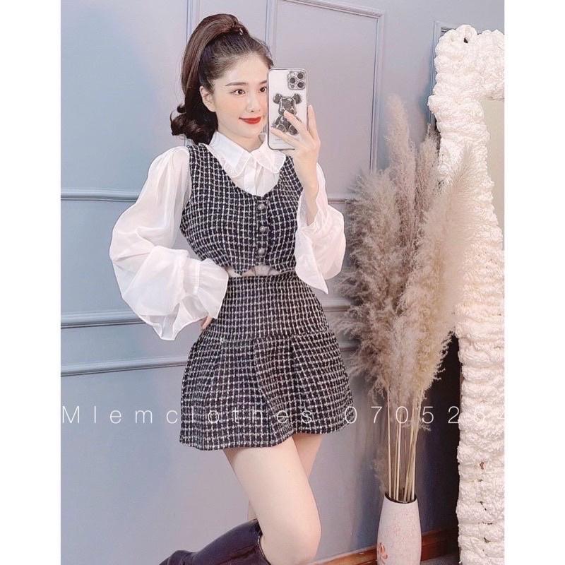 Set 3 Món Dạ Tiêu Áo Sơmi Bèo Mix Áo Gile Chân Váy Dạ Có Ảnh Thật Kèm Video ( Hàng Có Sẵn)