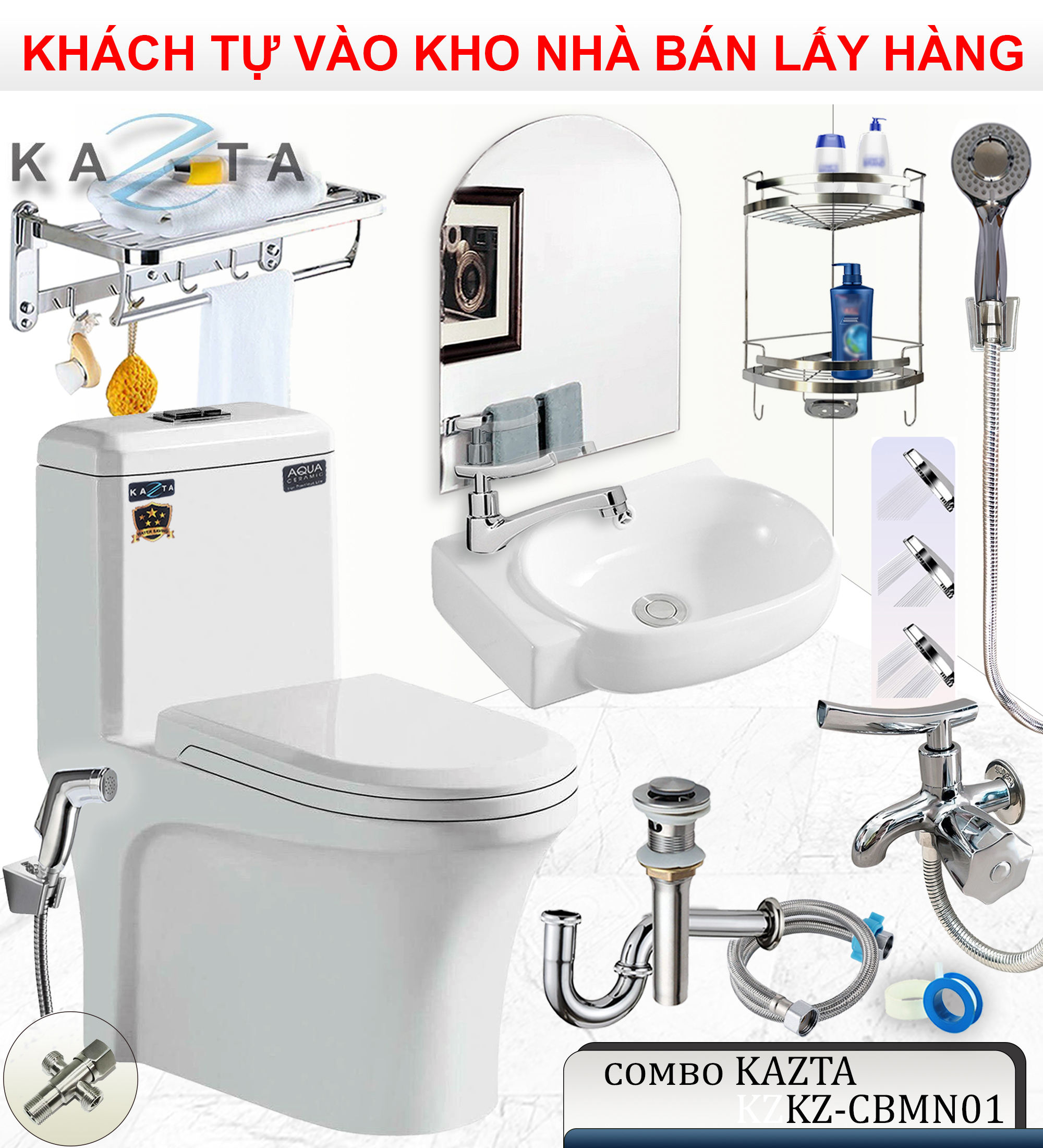 Combo Thiết Bị Nhà Tắm Nhỏ Gọn Kazta KZ-CBMN01: Bồn Cầu 1 Khối-Vòi Xịt-Lavabo Treo Góc-Vòi Lạnh-Bộ Sen Tắm Lạnh-Gương-Giá Treo Khăn Đa Năng-Kệ Góc 2 Tầng