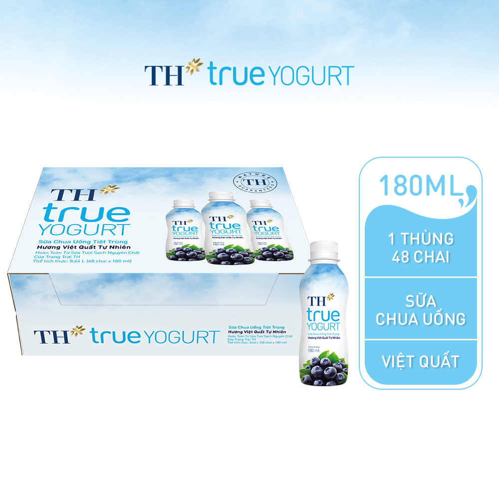 Thùng 48 chai sữa chua uống tiệt trùng hương việt quất tự nhiên TH True Yogurt 180ml (180ml x 48)