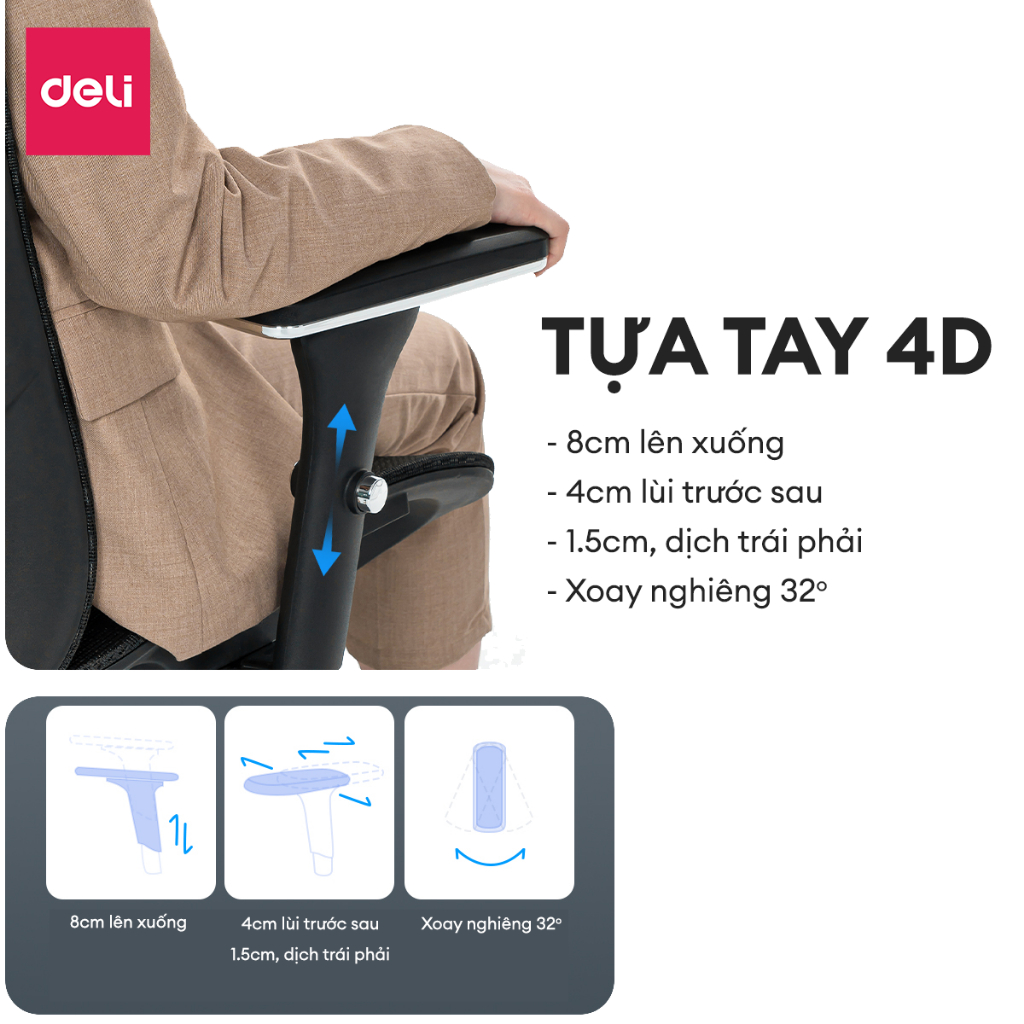 [ ] Ghế Xoay Văn Phòng Công Thái Học Cao Cấp Ngả 125 Độ Có Tùy Chỉnh Tựa Tay, Tựa Cổ Deli  Hỗ Trợ Đốt Sống Cổ Tối Ưu Tư Thế Ngồi - Ghế Giám Đốc Bảo Hành 3 Năm