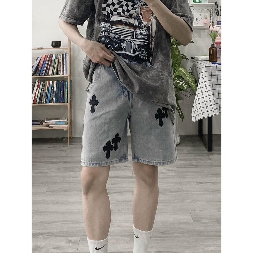 HOT 2022- Quần short jean thêu thánh giá -HÌNH THẬT quần chữ thập
