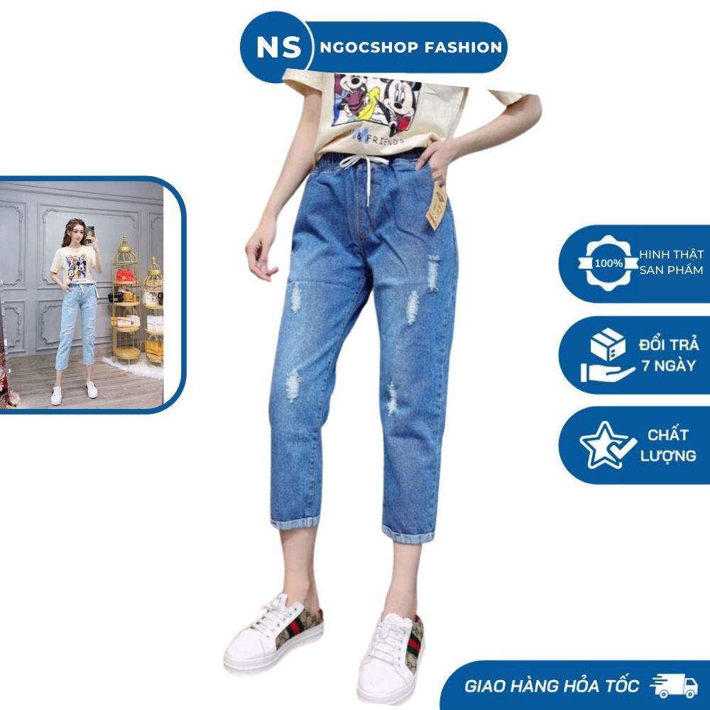 Quần jeans baggy rách dáng lửng ống xăn lai cao cấp màu xanh nhạt xanh đậm