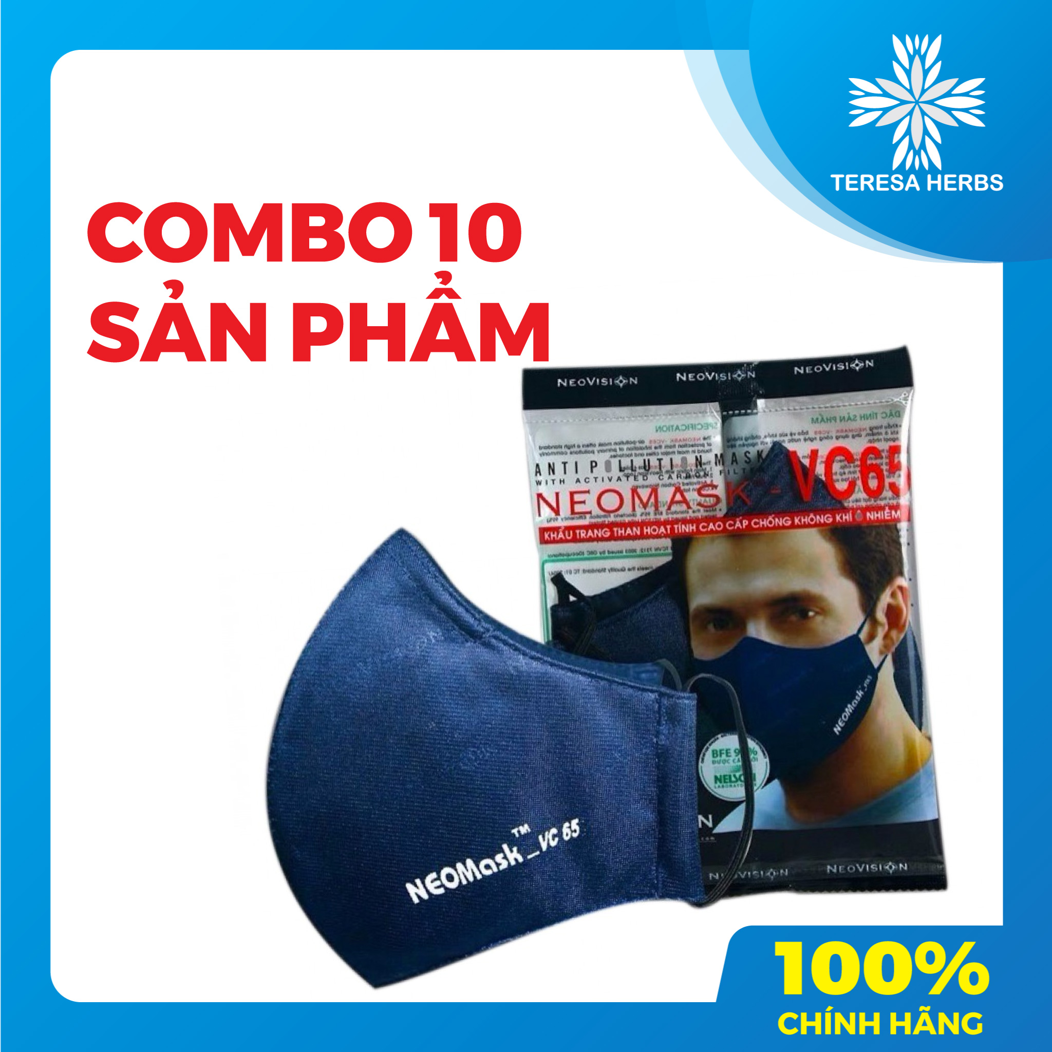 Combo 10 Mặt Nạ - Khẩu trang than hoạt tính NeoVision NeoMask VC65 đạt chuẩn N95(Thun Qua Tai) - Chống bụi siêu mịn PM2.5, lọc khuẩn BFE 95% (Được cấp bởi Nelson Lab), kháng khuẩn, chống giọt bắn có thể giặt tái sử dụng nhiều lần - Xanh đậm