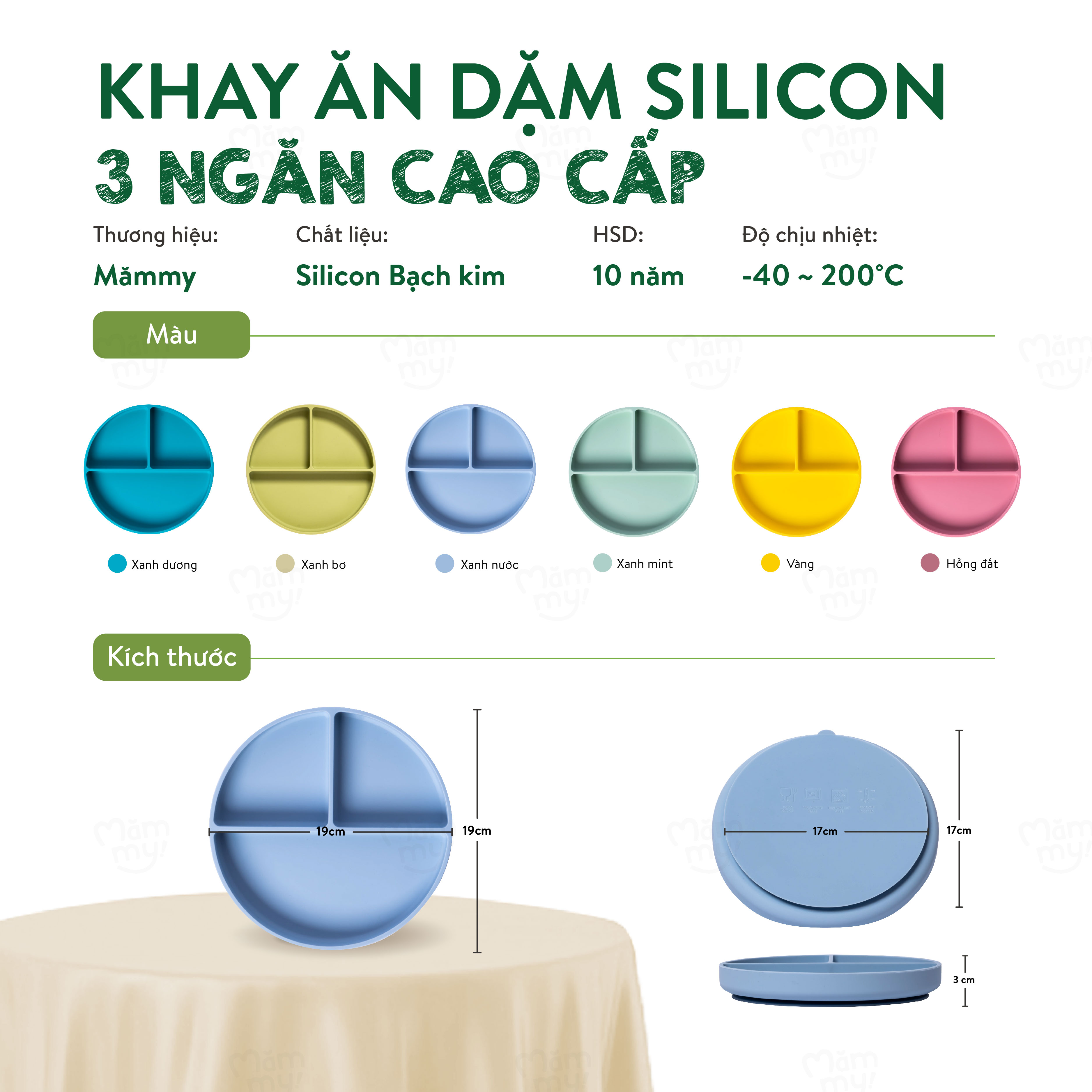 Khay ăn dặm silicon 3 ngăn cao cấp Mămmy Baby Silicone Food Tray Giúp Bé Ăn Dặm Dễ Dàng Với Thiết Kế Đặc Biệt Đế Hít