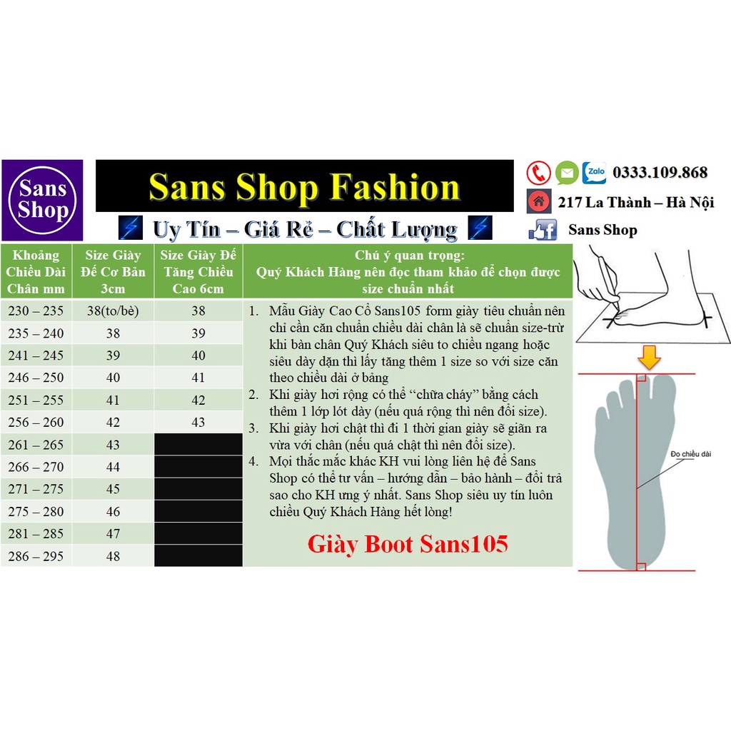 Giày boot nam martin boots Sans105 da bò thật big size 48 47 46 45 44 43 giầy cổ cao đen nâu đẹp bốt độn đế 6cm
