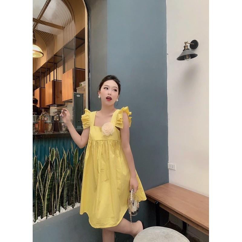 Đầm baby doll tay cánh tiên cổ vuông cài bông ngực xinh lung linh kèm hình thật