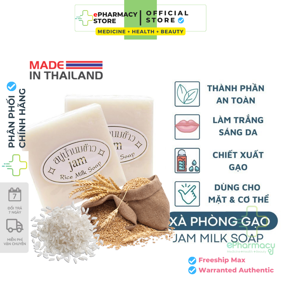 Xà Phòng Cám Gạo Và Sữa Tươi Jam Rice Milk Soap trắng da Thái Lan cho mặt và cơ thể 60g